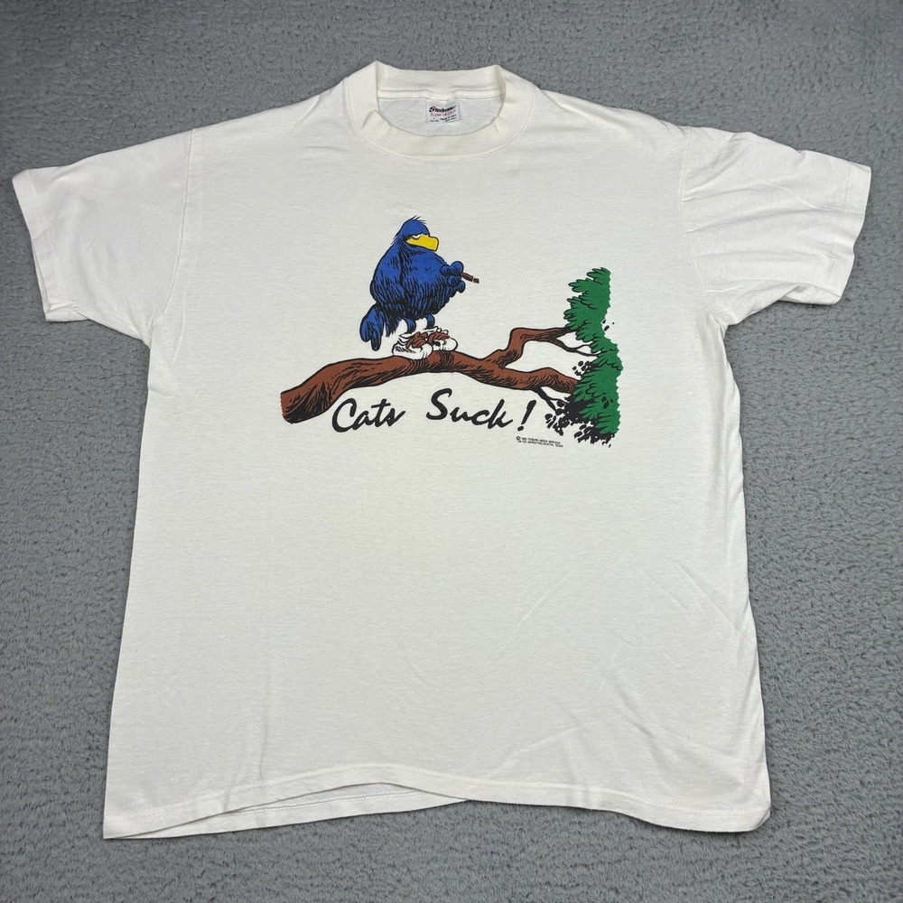 Vintage 80s Cats Suck T Shirt Mens Large White Funny Bird Graphic USA Tee